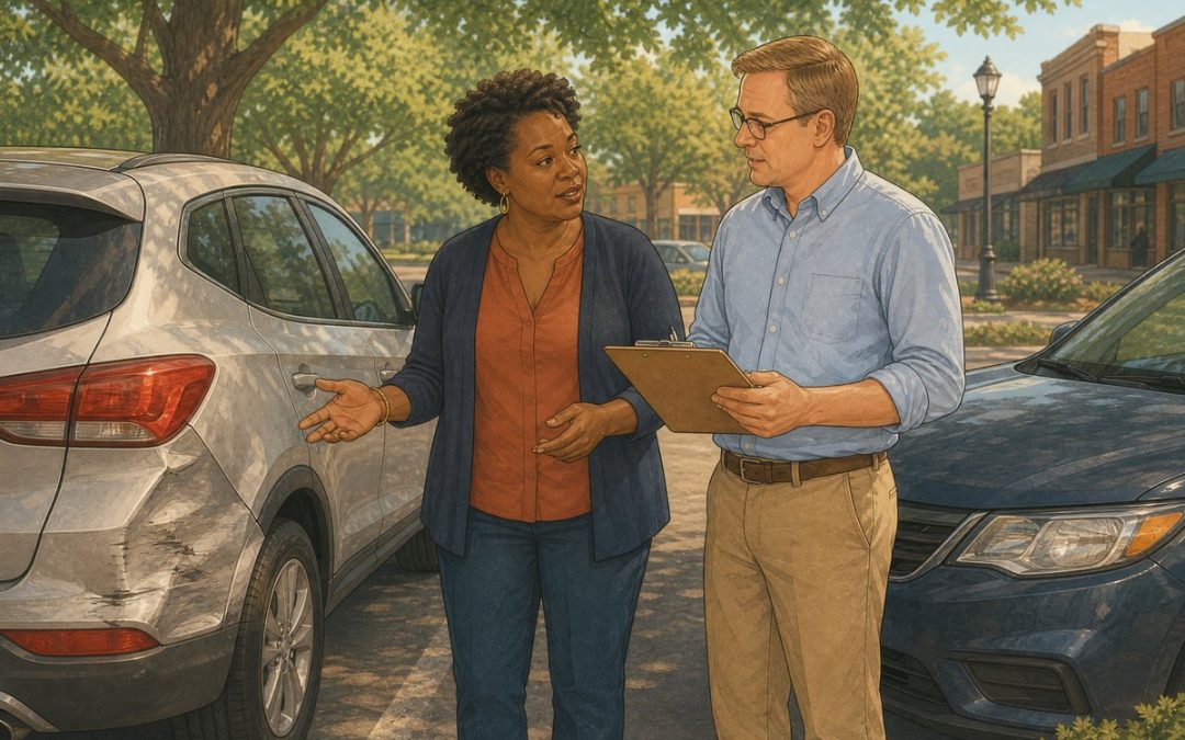 Mississippi driver reviewing uninsured and underinsured motorist coverage with a local insurance agent after a minor accident